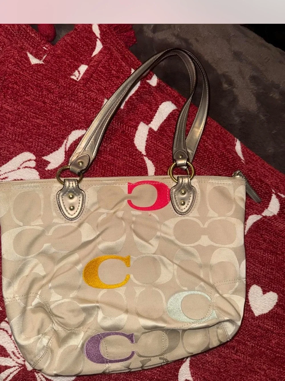 Authentic Coach Signature Canvas Tote with Multicolor C Accents